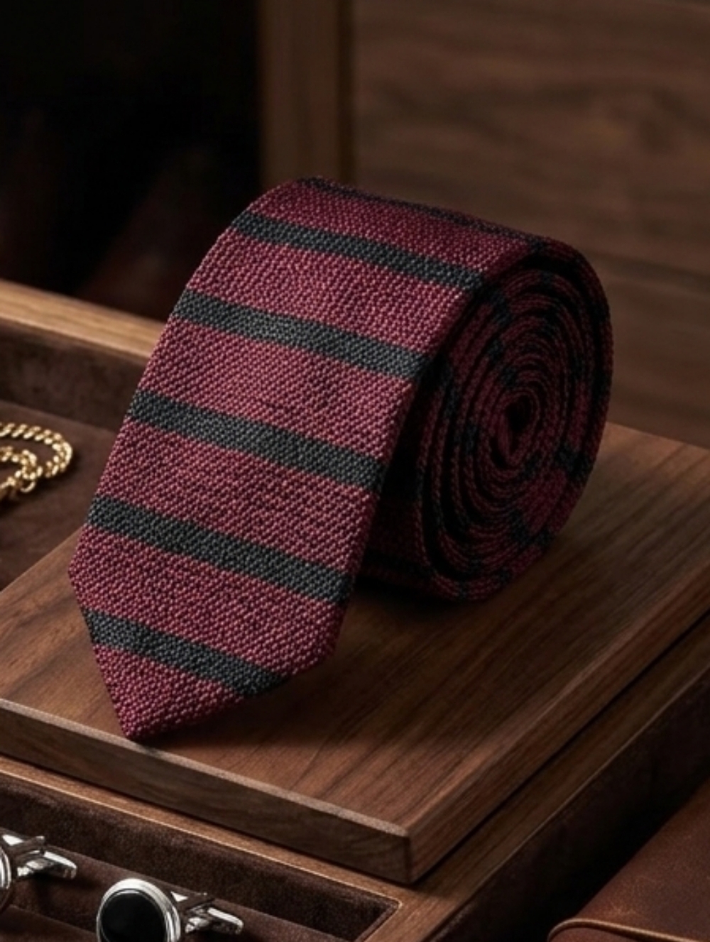 Lands' End Maroon and Black Silk Weaved Stripe Tie L 60"